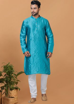 Blue Woven Kurta Pajama In Silk