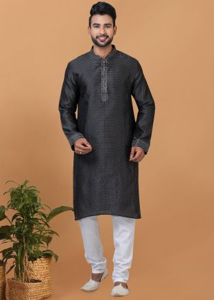 Black Printed Kurta Pajama In Silk