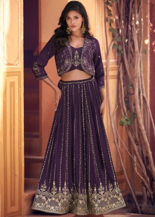 Purple Embroidered Skirt Set With Jacket