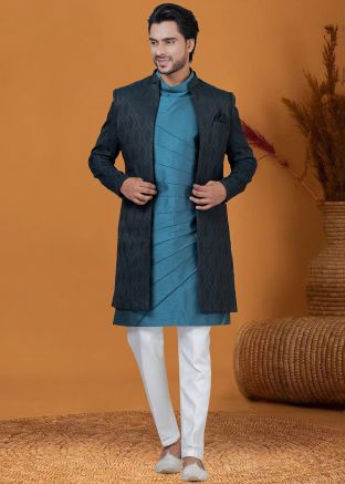 Teal Blue Mens Indo Western Sherwani & Jacket