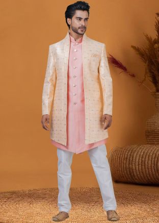 Peach Indo Western Sherwani In Woven Work