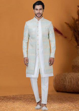 Off White Woven Indo Western Sherwani Set