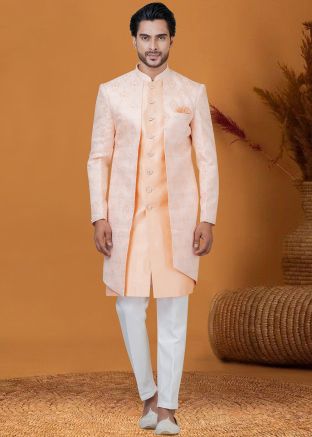 Peach Woven Indo Western Sherwani Set
