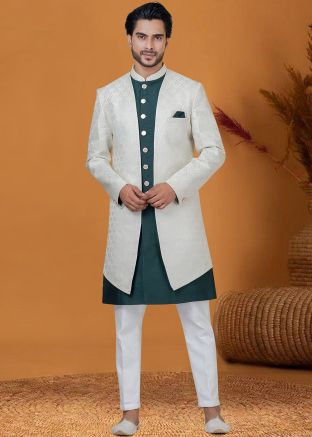 Green Indo Western Sherwani In Woven Work