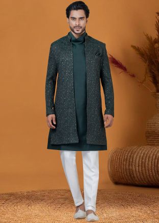 Green Woven Indo Western Sherwani & jacket