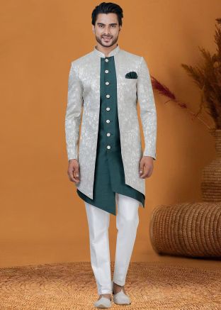 Mens Grey Woven Asymmetric Indo Western Sherwani