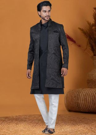 Black Mens Woven Indo Western Sherwani & Jacket