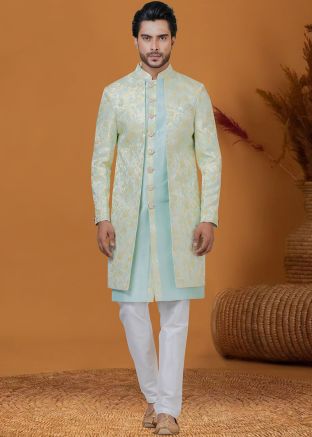 Blue Woven Indo Western Sherwani Set