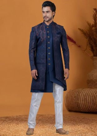 Navy Blue Woven Asymmetric Indo Western Sherwani