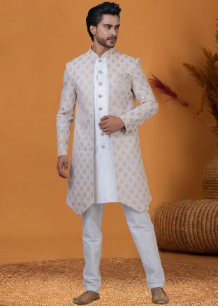 Mens Cream Woven Indo Western Sherwani