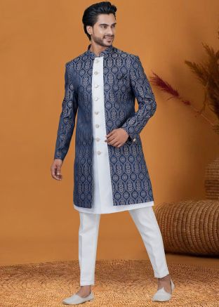 Blue Woven Mens Indo Western Sherwani