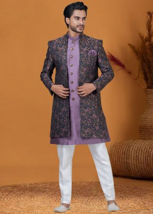 Purple Woven Work Indo Western Sherwani Set
