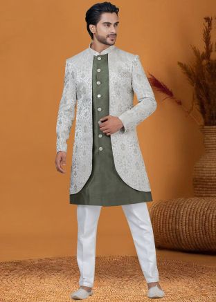 Green Woven Work Indo Western Sherwani