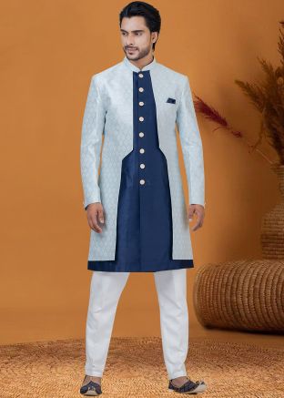 Blue Woven Indo Western Sherwani Set