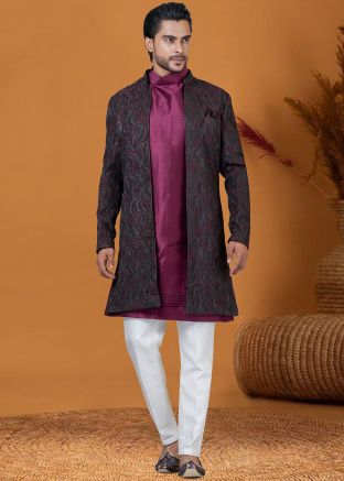 Wine Woven Indo Western Sherwani & Jacket