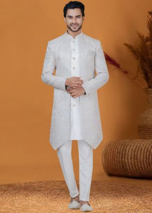 Blue Woven Mens Indo Western Sherwani Set