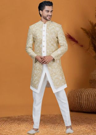 Golden Woven Mens Indo Western Sherwani