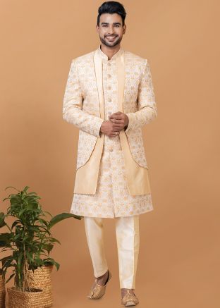 Mens Golden Woven Indo Western Sherwani