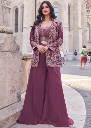 Mauve Pink Embroidered Jacket Style Top Bottom Set