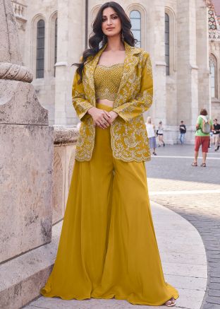 Yellow Readymade Embroidered Jacket Style Top Bottom Set