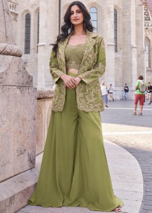 Green Embroidered Jacket Style Top Bottom Set