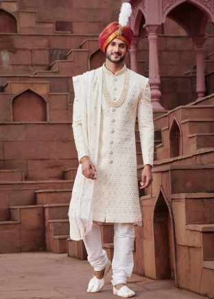 Cream Embroidered Mens Sherwani Set & Stole