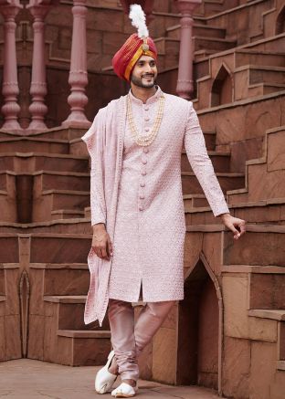 Pink Thread Embroidered Sherwani & Stole