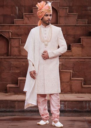 Mens Cream Embroidered Sherwani Set & Stole