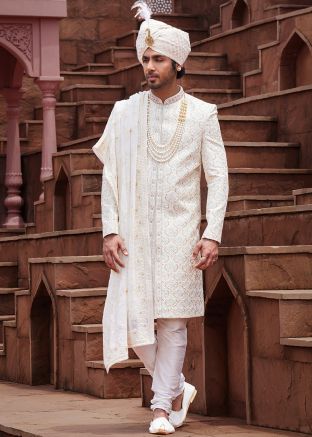 Cream Handwork Embroidered Sherwani With Stole