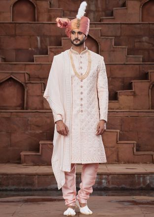 Peach Mens Embroidered Sherwani & Stole