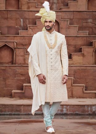 Readymade Golden Embroidered Sherwani & Stole