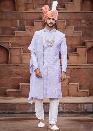 Purple Thread Embroidered Sherwani & Stole