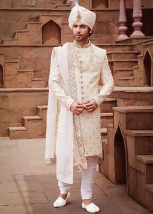 Cream Thread Embroidered Sherwani With Stole