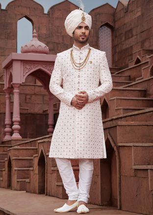 Cream Embroidered Mens Sherwani Set