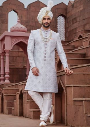 Grey Mens Embroidered Sherwani Set