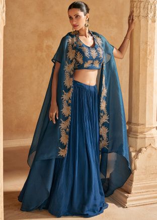 Readymade Blue Embroidered Jacket Style Skirt Set