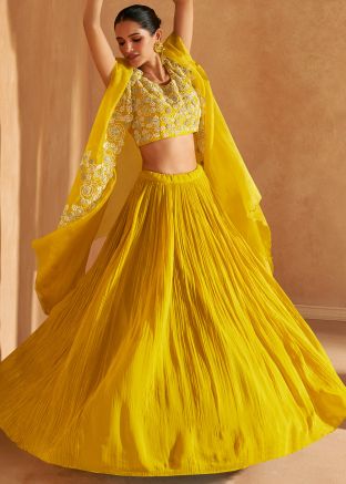 Yellow Readymade Embroidered Skirt Set & Jacket