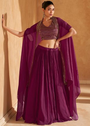 Purple Embroidered Chiffon Skirt Set & Jacket