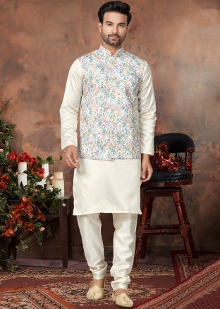 Cream Kurta Pajama & Printed Nehru Jacket