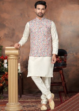 Cream Kurta Pajama & Embroidered Nehru Jacket