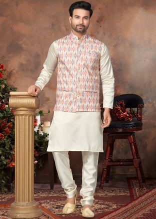 Cream Mens Kurta Pajama With Printed Nehru Jacket