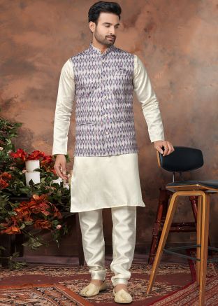 Mens Cream Kurta Pajama & Printed Jacket