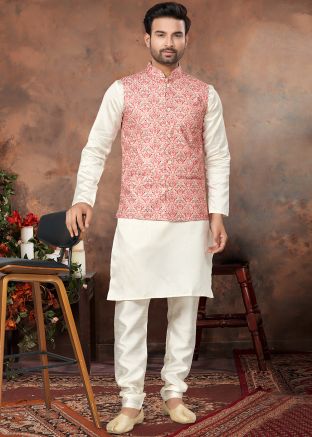 Mens Cream Kurta Pajama With Peach Printed Jacket