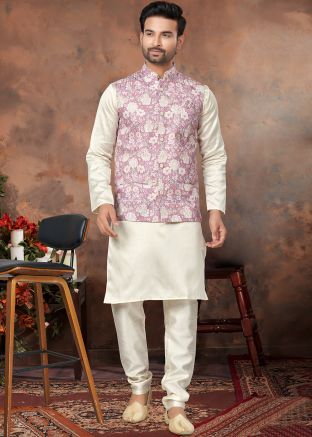 Cream Kurta Pajama & Floral Print Nehru Jacket