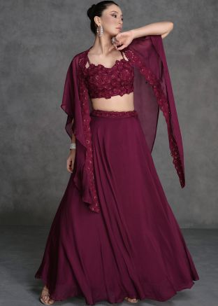 Wine Embroidered Readymade Skirt Set & Jacket