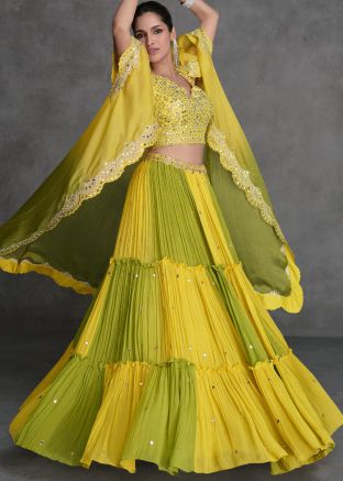 Yellow & Green Embroidered Jacket Style Skirt Set