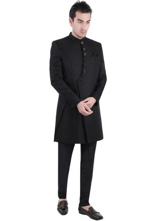 Black Woven Indo Western Sherwani Set