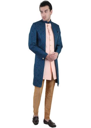 Peach Woven Indo Western Sherwani Set