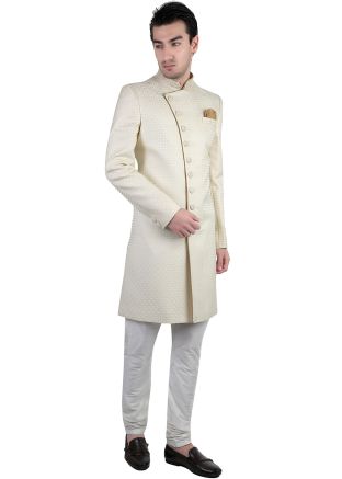 Cream Woven Indo Western Sherwani Set