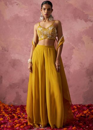 Yellow Handwork Embroidered Top Bottom Set